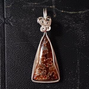 Dendritic Agate Pendant - Brown White Silver Wire Wrapped - Fairycore Jewelry